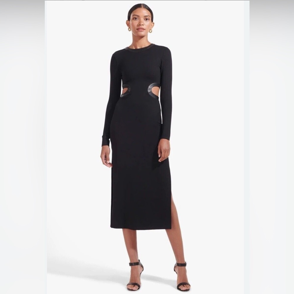 STAUD Dolce NWT Cutout Vegan Leather Trim Midi Dress Black Size M